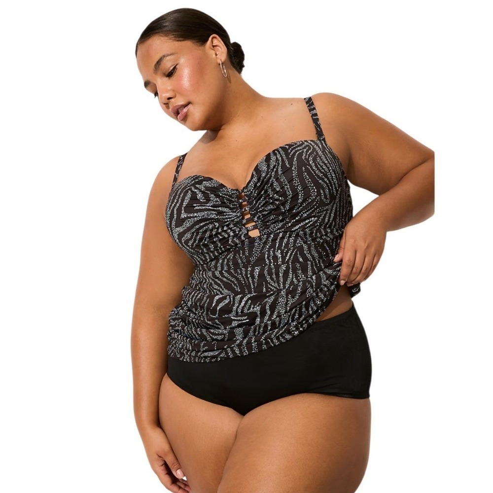 Lane Bryant Swim Cacique Tankini 42DD Black Zebra Print Ruched Bandeau Top NWT